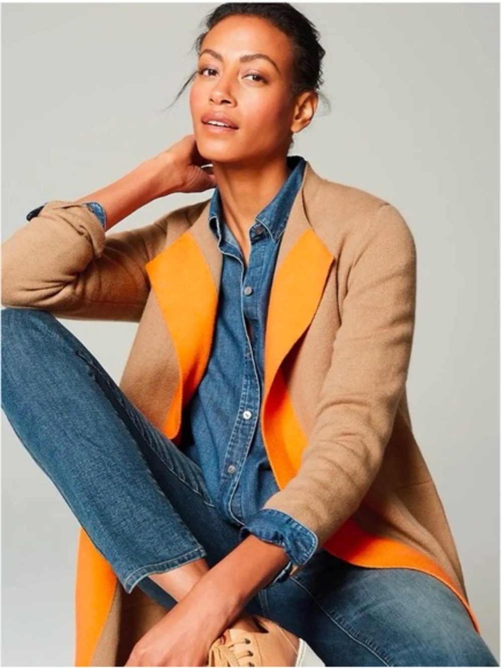 J Jill Majestic Color-Blocked Open Front Cardi Tan/Orange